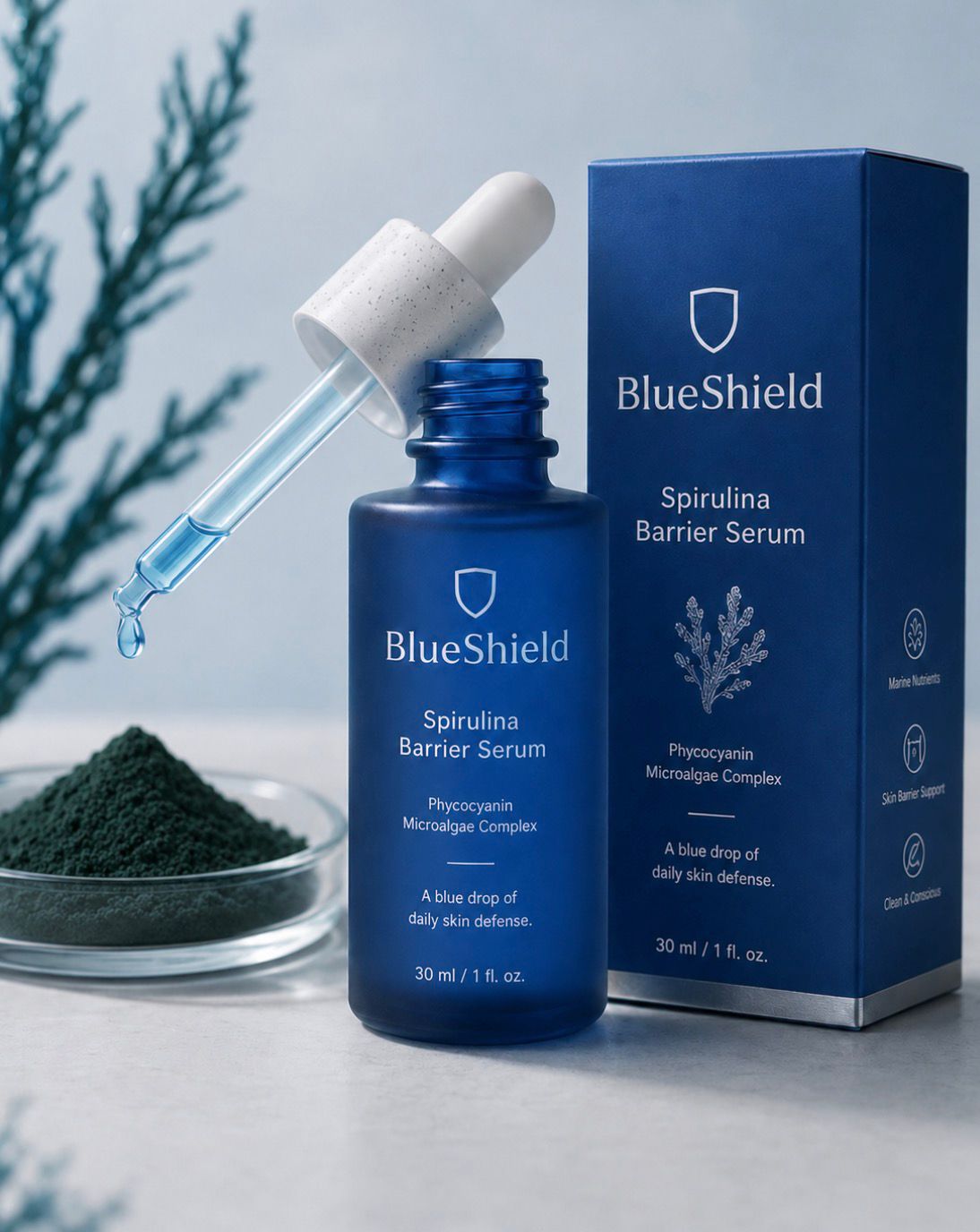 BlueShield Spirulina Barrier Serum carton box and dropper bottle